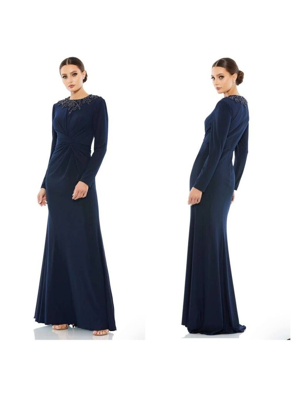 Mac Duggal 55713 Beaded Long Sleeve Gown Midnight Navy Size 2 NWT